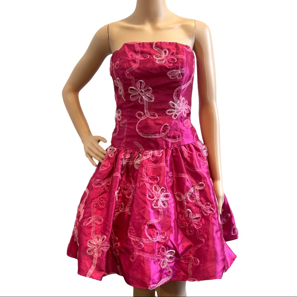 CACHE Hot Pink Satin Ribbon Dropwaist Party Strapless Dress Crinoline XS
